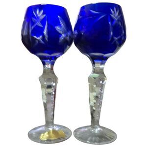 2 Piece German Wine Hocks Glasses Cobalt Blue Cut To Clear Crystal